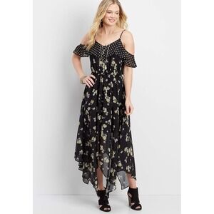 Cold Shoulder Floral Polka Dot Whimsygoth Handkerchief Hem Maxi Dress Black XL